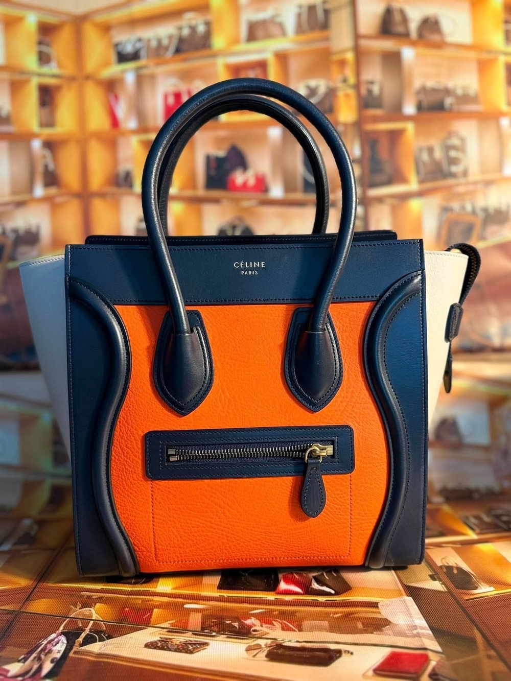 Celine Cream, Orange and Black Leather Tote